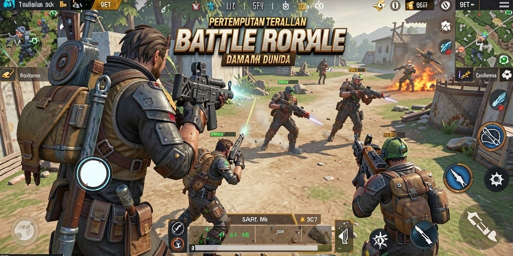 Tangkapan layar gameplay 9ET yang menegangkan di medan perang Battle Royale.