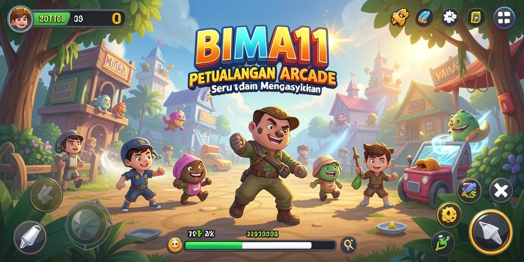 Tampilan gameplay BIMA11 menunjukkan aksi arcade penuh adrenalin.