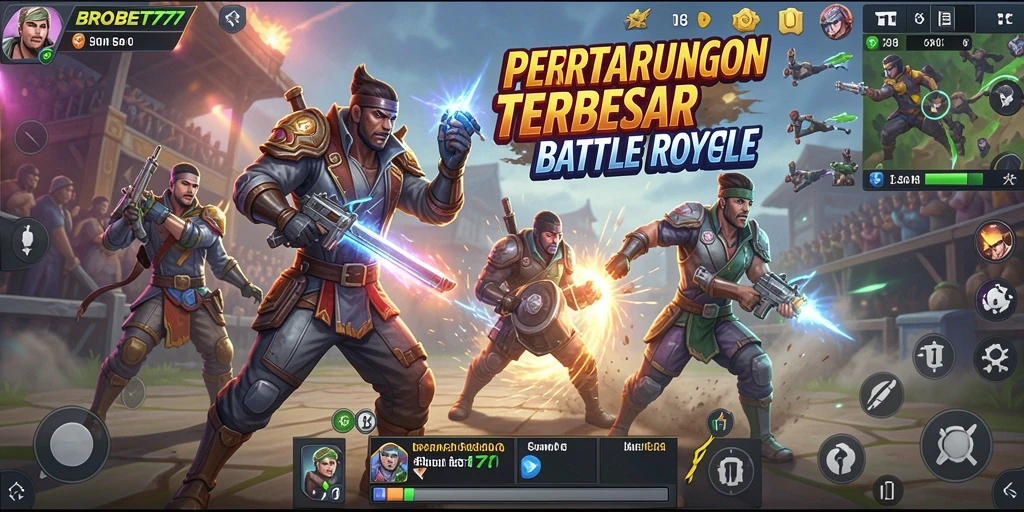 Tangkapan layar utama BROBET77 menampilkan aksi pertempuran Battle Royale yang menegangkan.