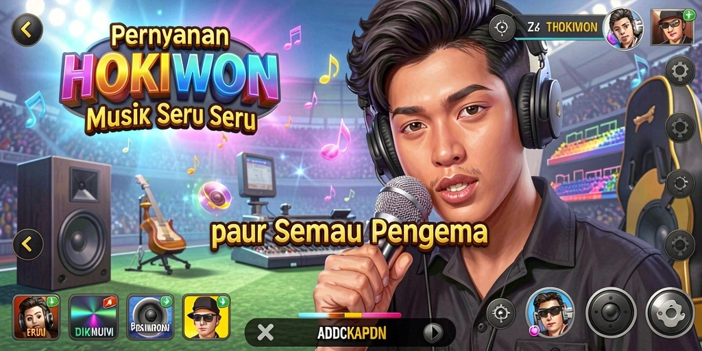 Layar permainan HOKIWON dengan berbagai pilihan lagu dan antarmuka yang menarik.