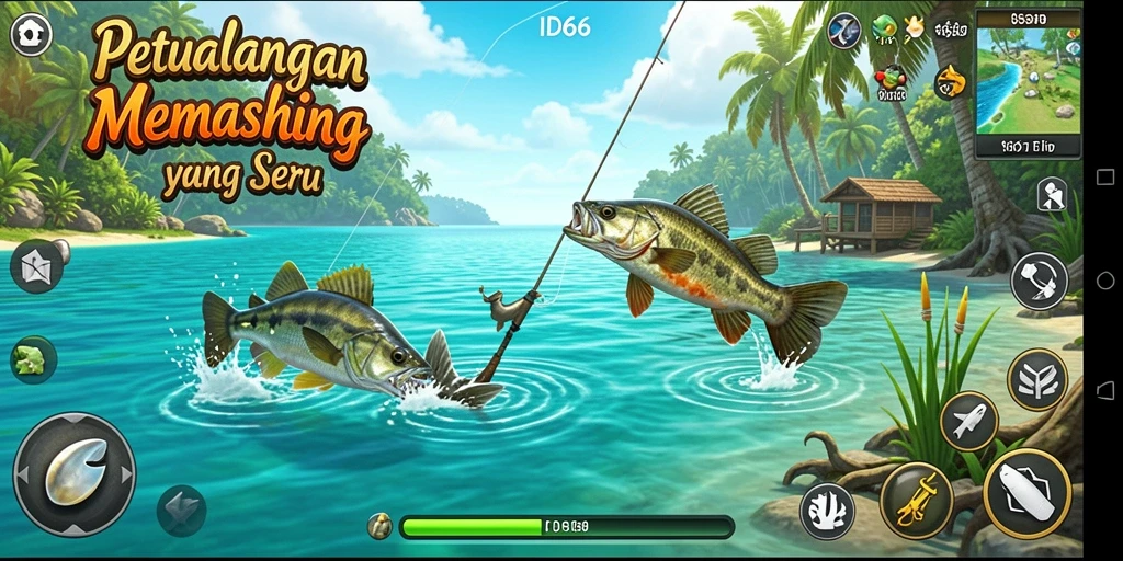 Screenshot gameplay ID66 menampilkan aksi seru saat memancing ikan besar.