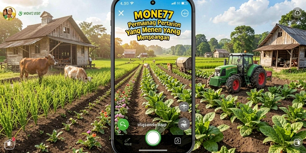 Gameplay seru MONTE77 menampilkan ladang yang indah dan hewan ternak yang lucu.