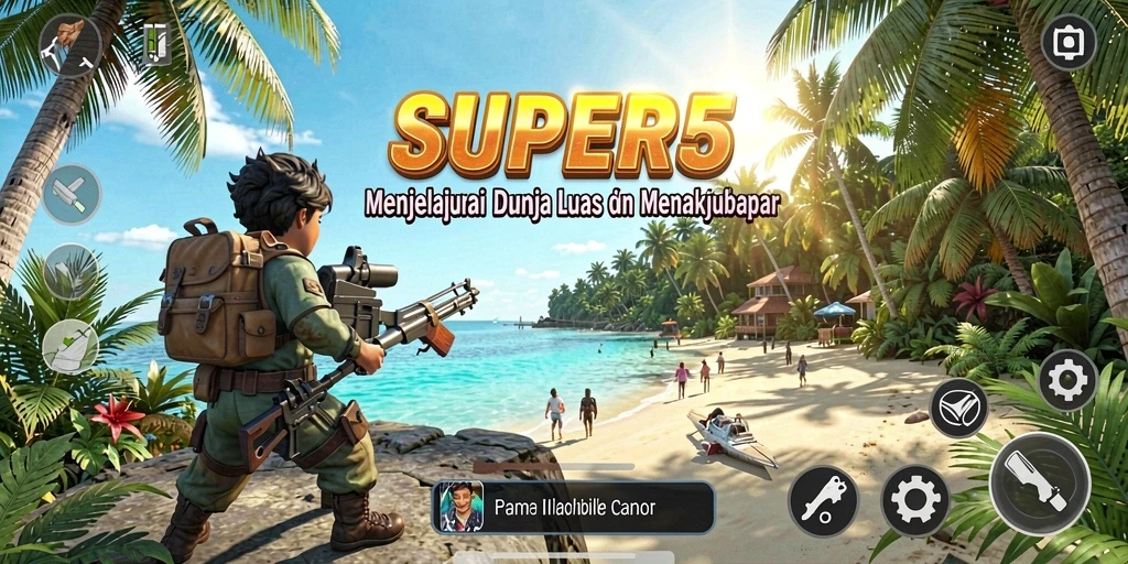Screenshot gameplay SUPER5 menampilkan dunia terbuka yang luas dan dinamis.