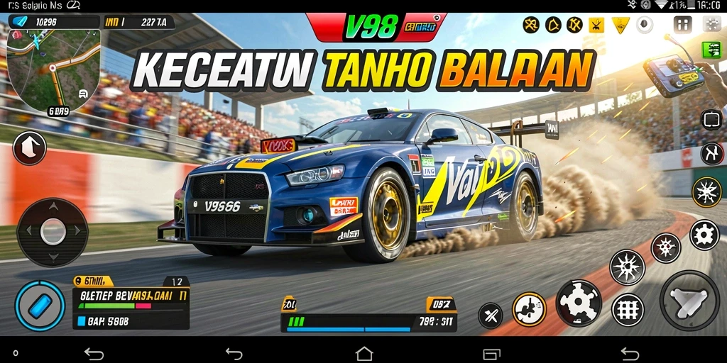 Screenshot V98 menampilkan aksi balapan mobil yang mendebarkan.
