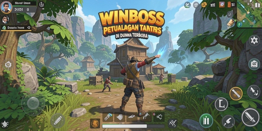 Screenshot gameplay WINBOSS menampilkan petualangan mendebarkan di dunia terbuka.